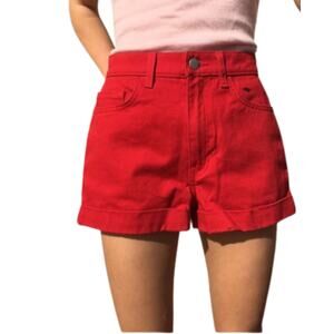 American Apparel Red Denim Shorts High Waisted Cuffed Jean Shorts Size 24 25